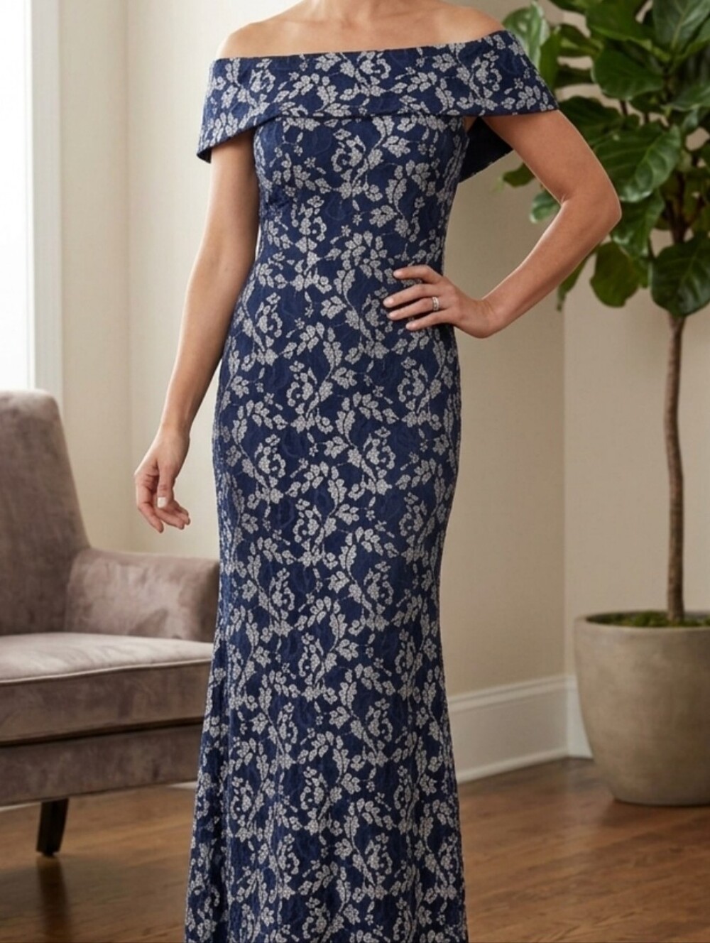 Betsy & Adam Metallic Floral Lace Off-the-Shoulder Mermaid Gown - Size 2
